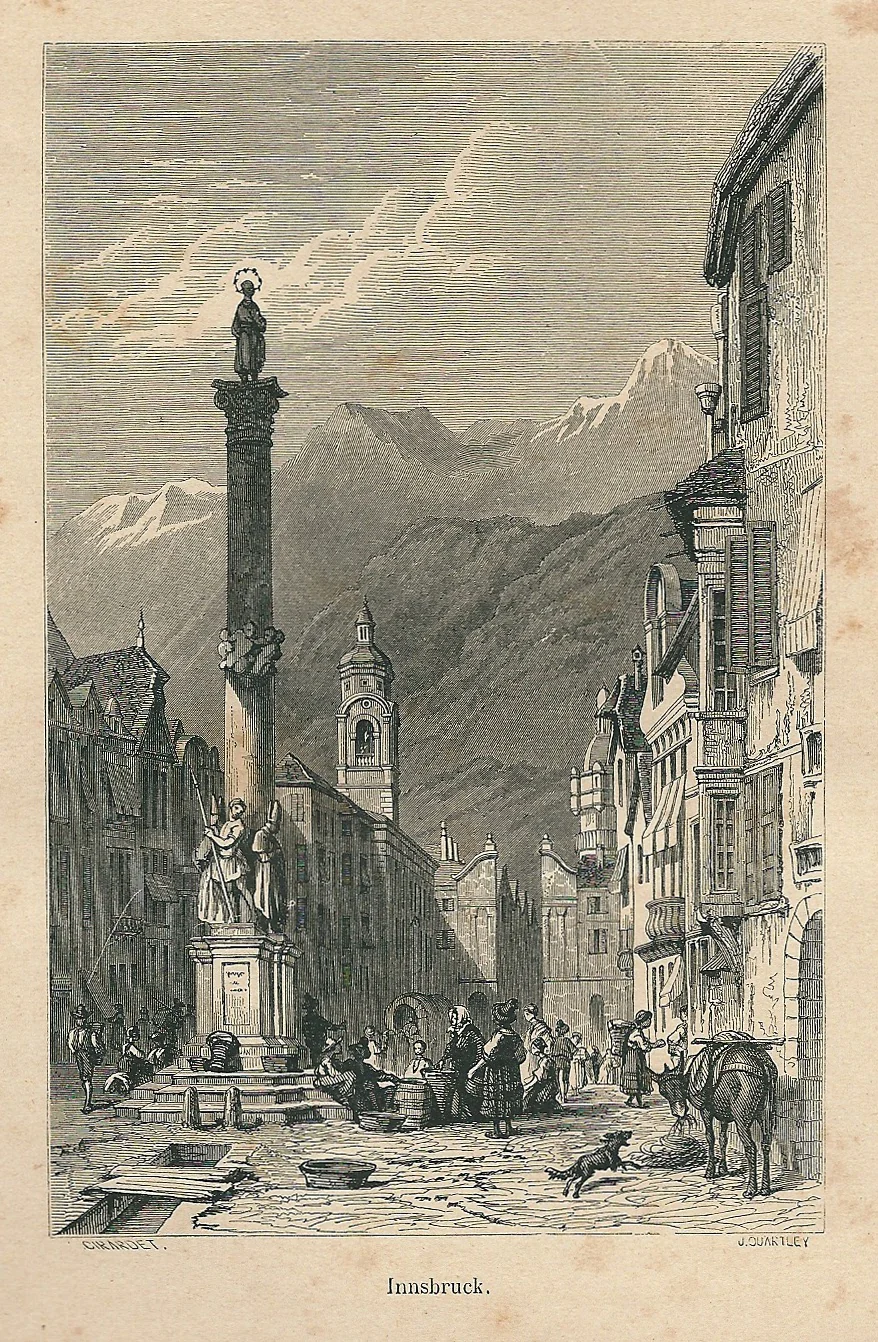 Innsbruck, Stahlstich aus „A travers les Alpes autrichiennes“, vor 1893